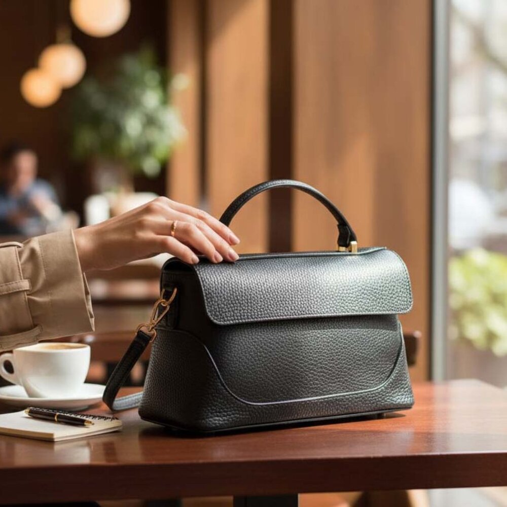 Aby Black Italian Leather Handbag – Elegant Top Handle & Shoulder Bag for Women